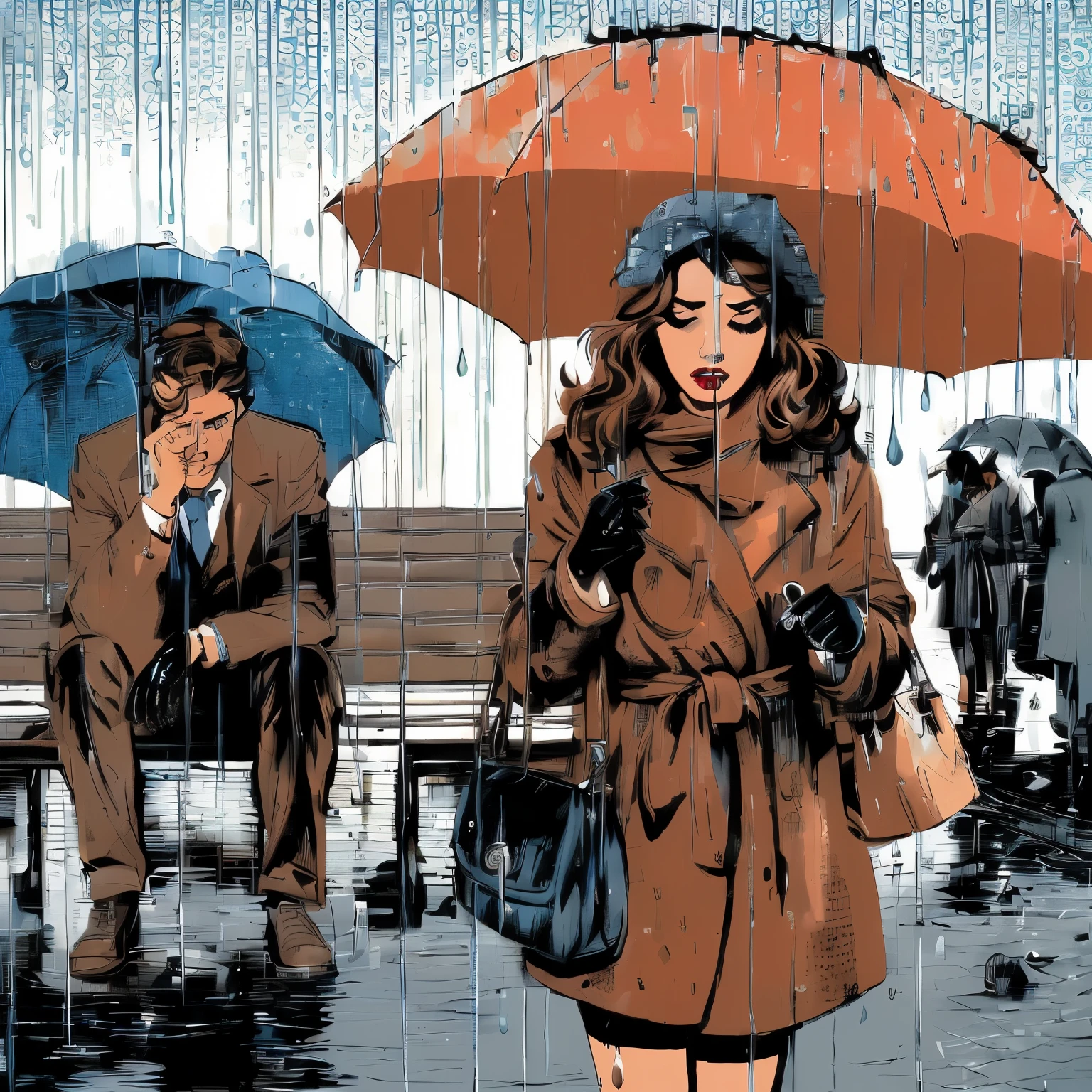 a close up of a person holding an umbrella in the rain, ( art fitzpatrick ), ( asaf hanuka ), by Tim Doyle, by John Keane, by Asaf Hanuka, by Manolo Millares, classic-cult-comic-style, by Ignacio Zuloaga, cult - classic - comic - style, cult-classic-comic-style