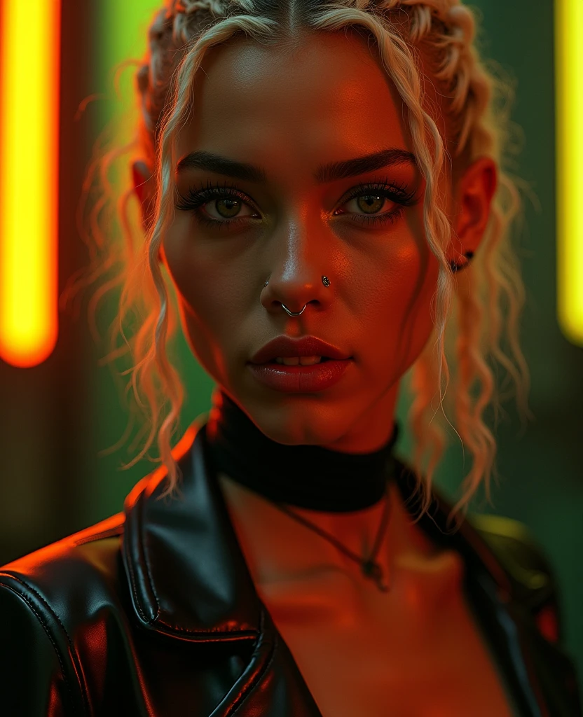 latina woman, young, naked, short curly white braids, septum piercing, dimples, thick collar around neck, naughty expression, black latex, yellow neon lights, dominating smile, close-up, UHD, retina, masterpiece, accurate, anatomically correct, textured skin, super detail, high details, high quality, award winning, best quality, highres

