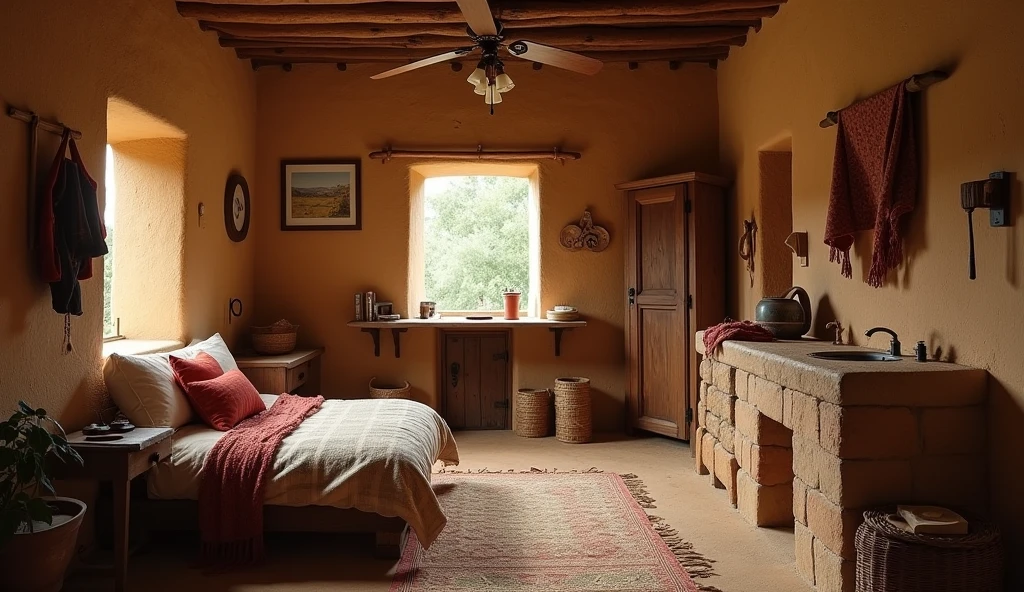 a fund for theatre, it's inside an adobe house, on the right is the stone kitchen, Be, utensils and food and to the left in the same room is the bed with sheep quilts not so exaggerated without food on the bed and above a simple window with a view of the trees ,without appliances, that the mud walls can be seen, On the wall hanging 1 saddle and a wooden cupboard
