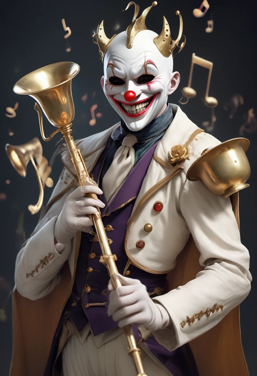 a demon musician with dark almond-shaped eyes, no eyebrows, bald, wearing a white mask, a white face, a frozen joker-like smile, joyful, clumsy, frightened, shy, dressed like a knight or prince, bouncing, noisy, full-body mask, broad-shouldered, thin, musical instruments, musical notes, violinist, flute, trumpets, a laughing creature
