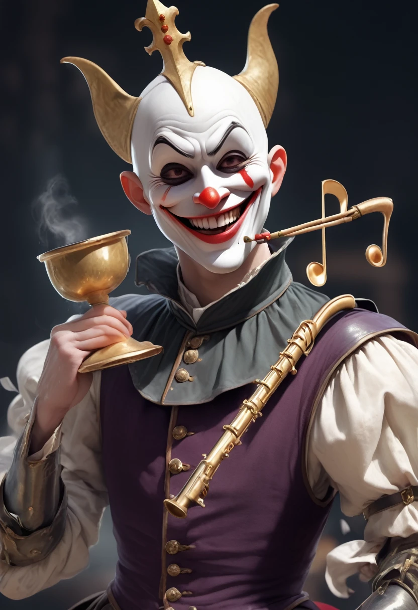 a demon musician with dark almond-shaped eyes, no eyebrows, bald, wearing a white mask, a white face, a frozen joker-like smile, joyful, clumsy, frightened, shy, dressed like a knight or prince, bouncing, noisy, full-body mask, broad-shouldered, thin, musical instruments, musical notes, violinist, flute, trumpets, a laughing creature