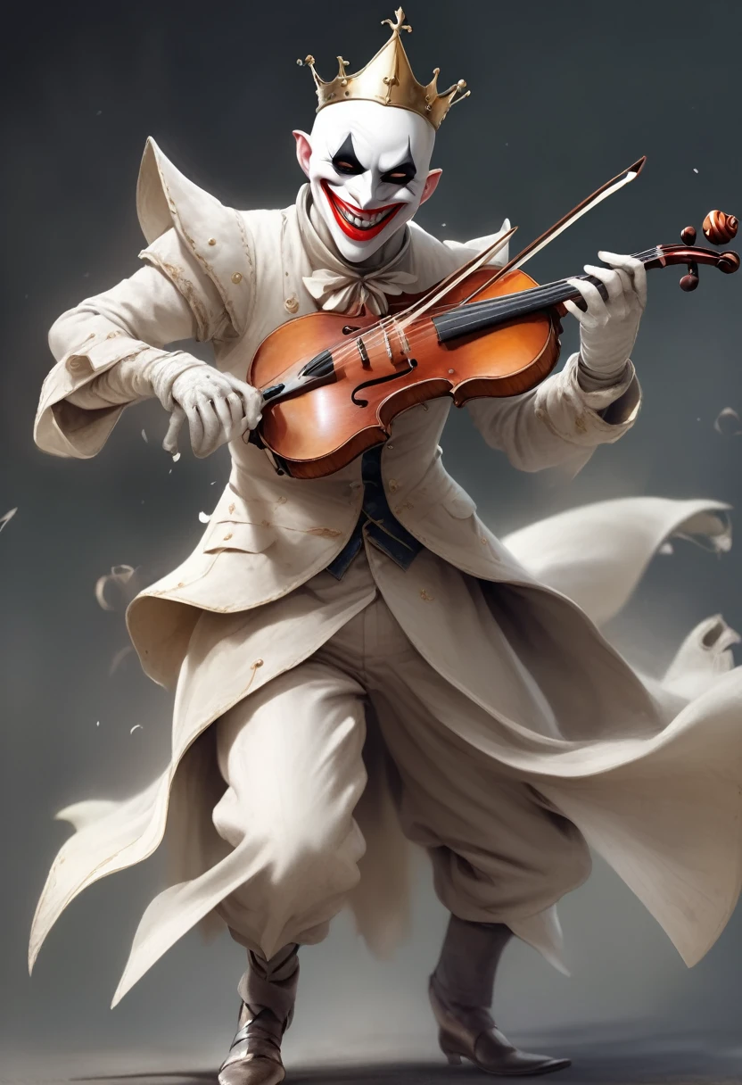 a demon musician with dark almond-shaped eyes, no eyebrows, bald, wearing a white mask, a white face, a frozen joker-like smile, joyful, clumsy, frightened, shy, dressed like a knight or prince, bouncing, noisy, full-body mask, broad-shouldered, thin, musical instruments, musical notes, violinist, flute, trumpets, a laughing creature
