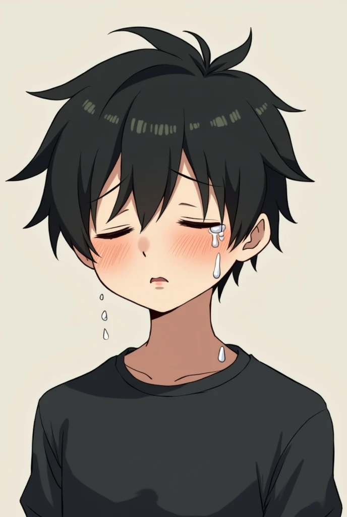 Cute anime cartoon male character with black hair, wearing a black sweatshirt, sad closed eyes, and a disappointed expression with tears.