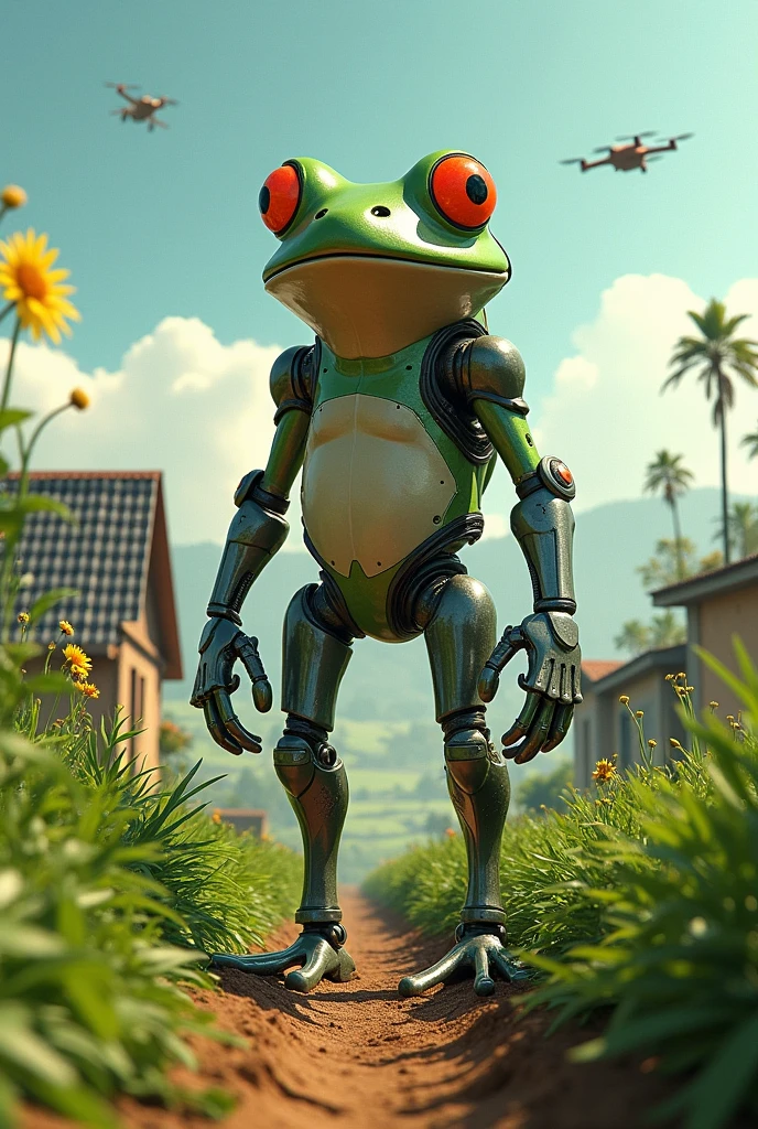 Humanoid frog , cyberpunk style, during a sunny day, in a Farm