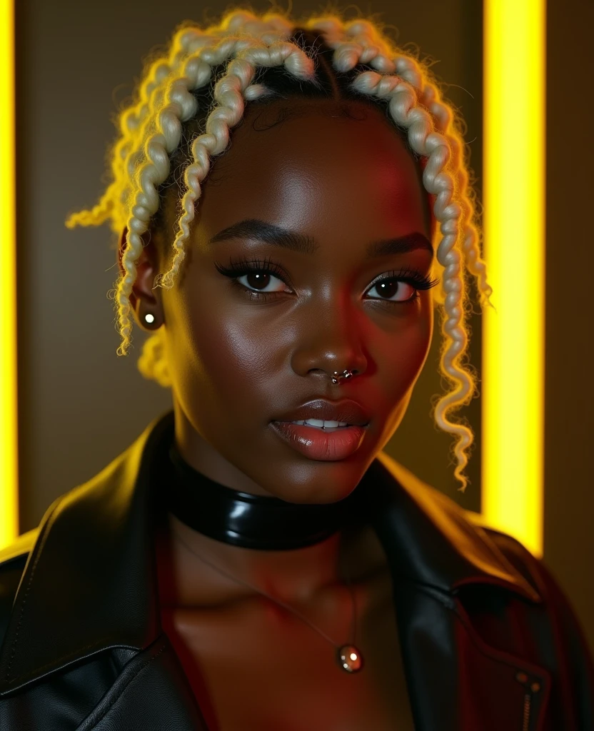 african woman, young, naked, short curly white braids, septum piercing, dimples, thick collar around neck, naughty expression, black latex, yellow neon lights, dominating smile, close-up, UHD, retina, masterpiece, accurate, anatomically correct, textured skin, super detail, high details, high quality, award winning, best quality, highres
