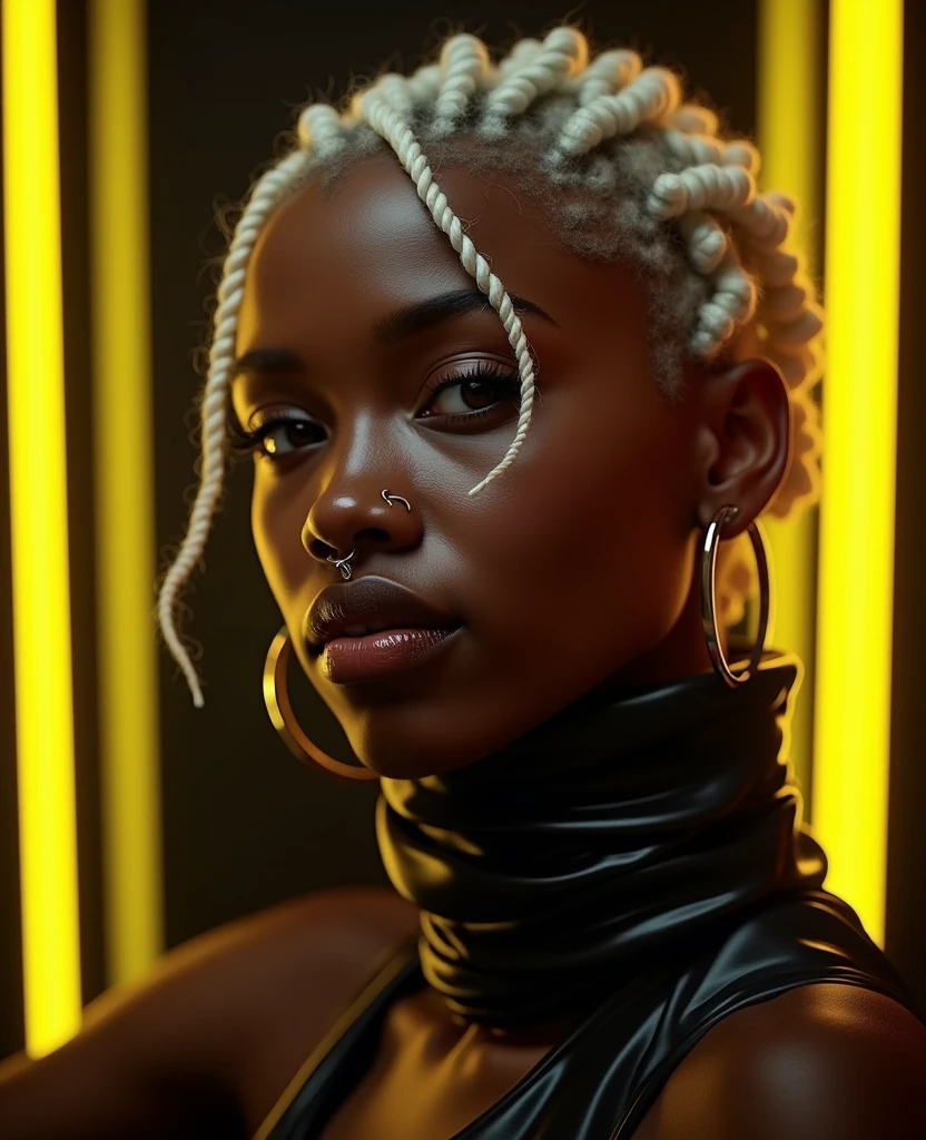 african woman, young, naked, short curly white braids, septum piercing, dimples, thick collar around neck, naughty expression, black latex, yellow neon lights, dominating smile, close-up, UHD, retina, masterpiece, accurate, anatomically correct, textured skin, super detail, high details, high quality, award winning, best quality, highres