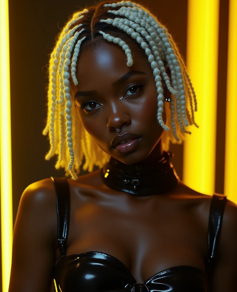 african woman, young, naked, short curly white braids, septum piercing, dimples, thick collar around neck, naughty expression, black latex, yellow neon lights, dominating smile, close-up, UHD, retina, masterpiece, accurate, anatomically correct, textured skin, super detail, high details, high quality, award winning, best quality, highres
