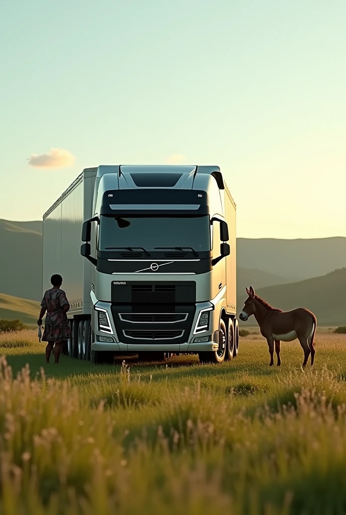 A Volvo 2024 trailer, with a Ceará native next to him and a donkey eating grass