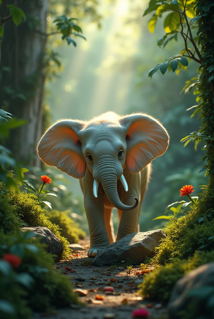 Purani big stone ke piche kuch chamak raha hai in jungle ismai ek cute white elephant add karo 

