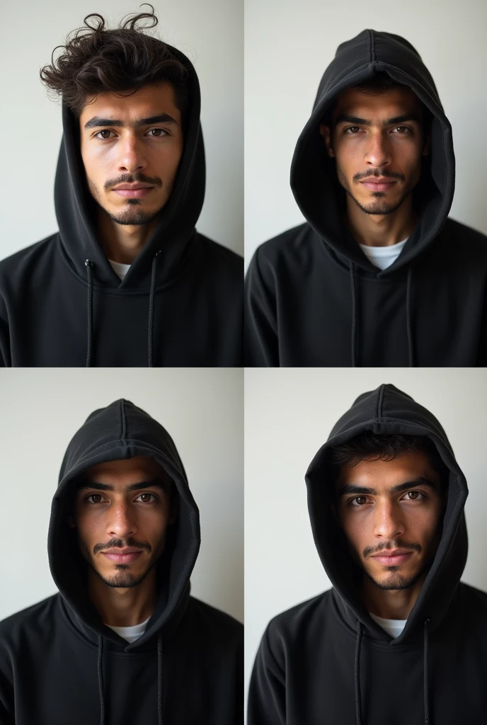 4 different photos, a young man for each photo that has a black hoodie on his back in Quito, Ecuador