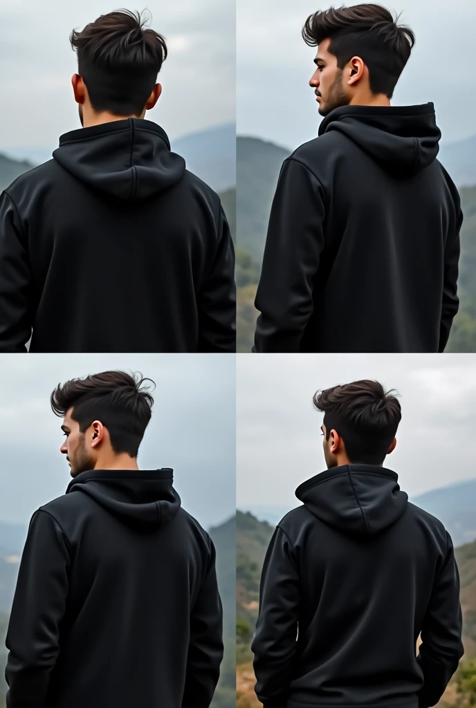4 different photos, a young man for each photo that has a black hoodie on his back in Quito, Ecuador