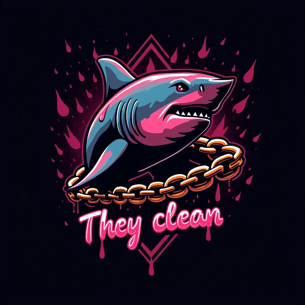 Please create a pink, bloodthirsty shark in a logo style for use as a team flag., put a golden chain on the shark. Black background and lots of blood, Also write the text: "or!They clean" from the bottom of the painting with bloody letters