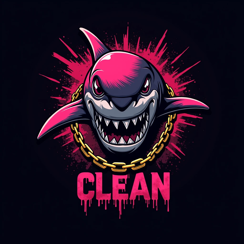 Please create a pink, bloodthirsty shark in a logo style for use as a team flag., put a golden chain on the shark. Black background and lots of blood, Also write the text: "or!They clean" from the bottom of the painting with bloody letters