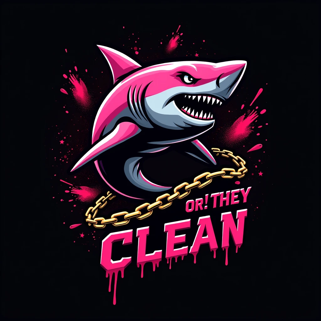 Please create a pink, bloodthirsty shark in a logo style for use as a team flag., put a golden chain on the shark. Black background and lots of blood, Also write the text: "or!They clean" from the bottom of the painting with bloody letters