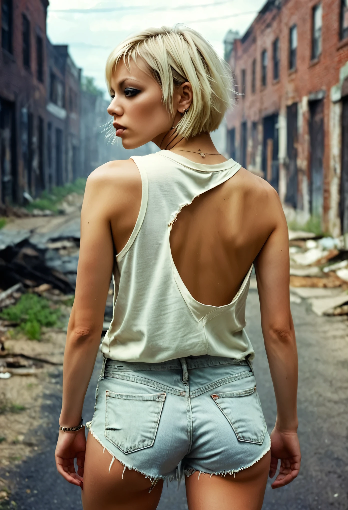 Beautiful fit woman, slim, tattered tight cut off booty jean shorts, very loose oversized sleeveless t-shirt, short straight platinum blonde hair, short bob with bangs, combat boots,
Random fashion poses, rear view, profile, full frontal, quarter view, 
Urban decay landscape , haze, ultra-detailed, film photography, light leaks, Larry Bud Melman, trending on artstation, sharp focus, studio photo, intricate details, highly detailed, by greg rutkowski