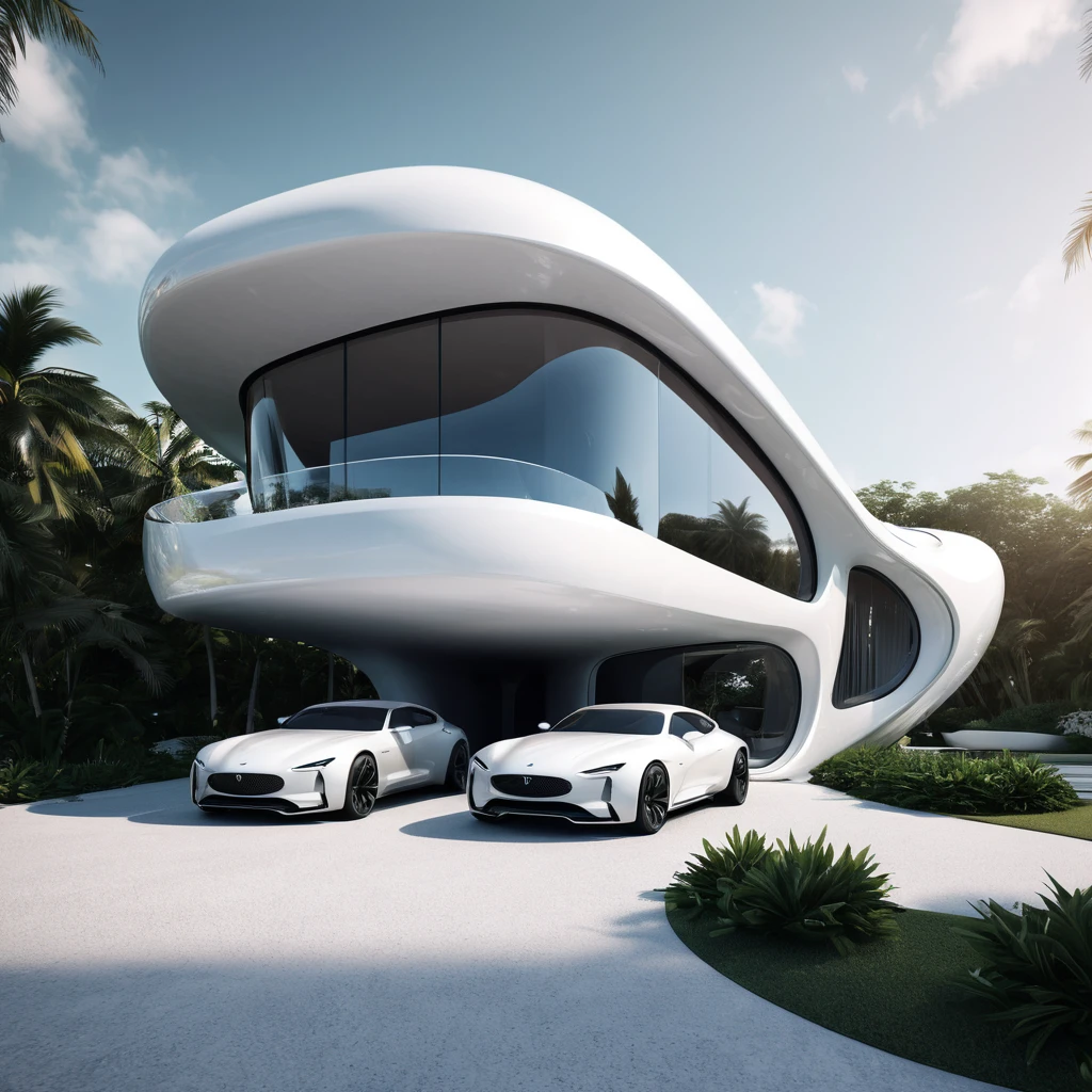 a futuristic house with a car parked in front of it, cgsocietywlop, beautiful curves, intricate devilish designs, qualia, interesting shapes & form, wow factor, elaborate polished, architectural rendering, miami, futuristic battlefield, inspired by James E. Brewton, precise architectural rendering