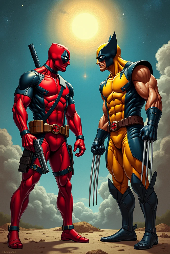 Create a parody of "Adan creation" com Deadpool e Wolverine,where Deadpool shows a gun to Wolverine and Wolverine the claws
