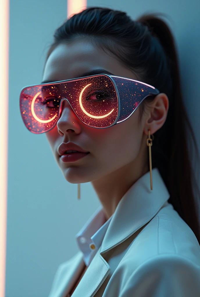 The model is wearing glass sunglasses with stars and the moon on the glass