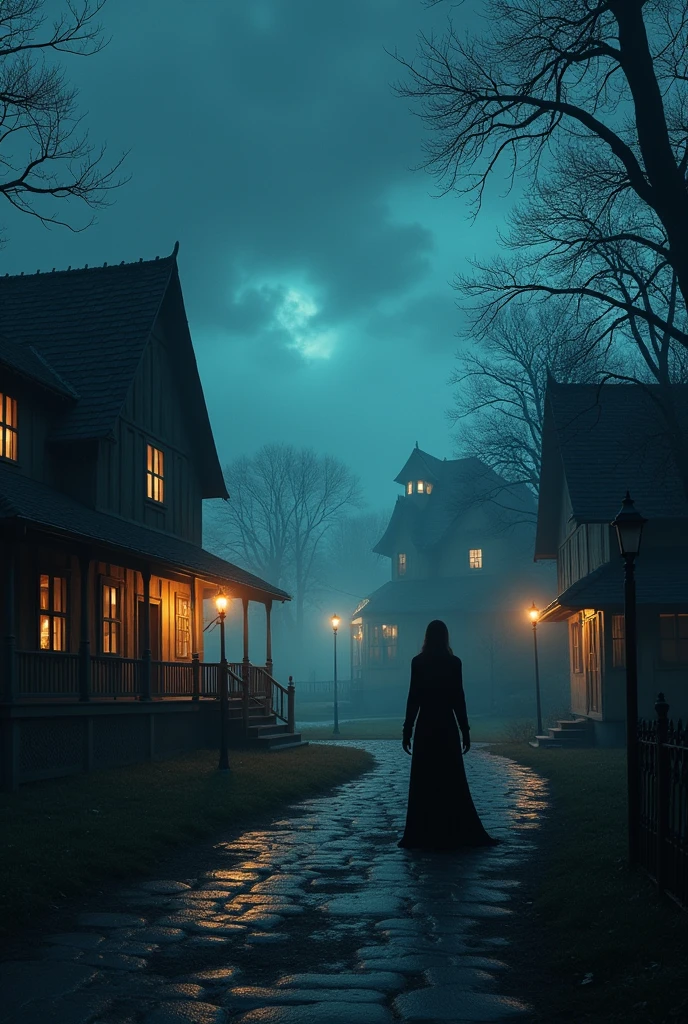  "A haunting scene of the village at dusk. Strange shadows and eerie lights flicker around the homes of the three men. The air is thick with an ominous presence, as if the village itself is holding its breath. In the distance, the figure of the princess, now with a determined and vengeful expression, watches from the shadows."