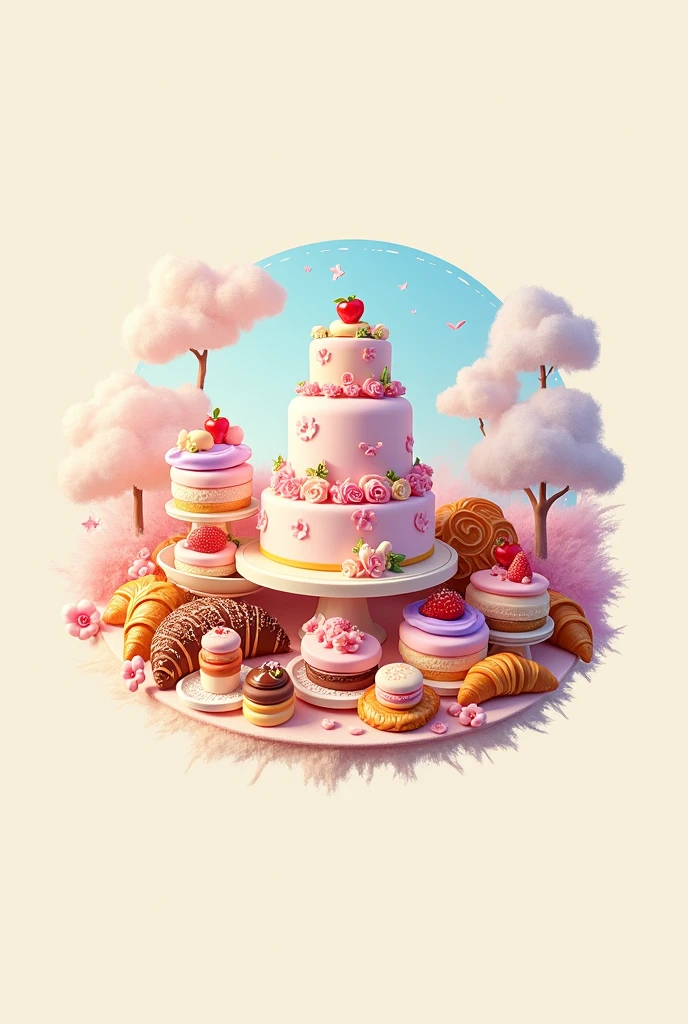 Logo image for my personal brand with the title "Dulce Amanecer Pasteleria y Reposteria", with pastel pink, lilac, yellow, sky blue with bright creative colors with animated cake and pastries in a very elegant style background