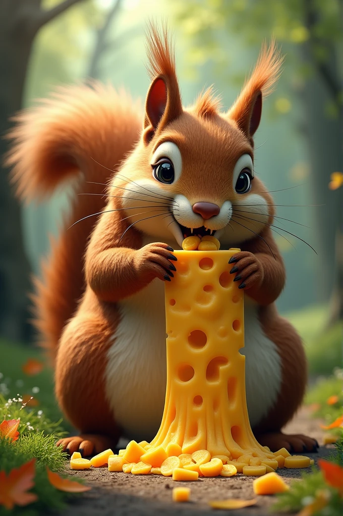 Make me a squirrel the size of a bear eating a cheese package