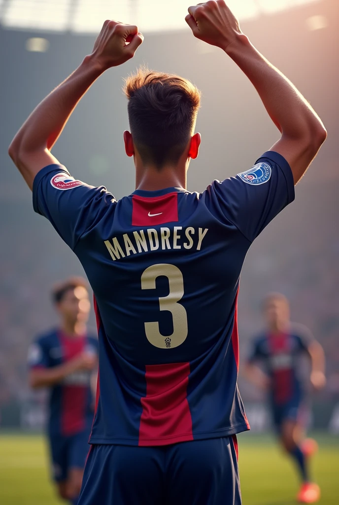 Un jeune homme porte le maillot de paris saint germain anomme"MANDRESY"au dos ,numero 3 celebre avec des mains eleve