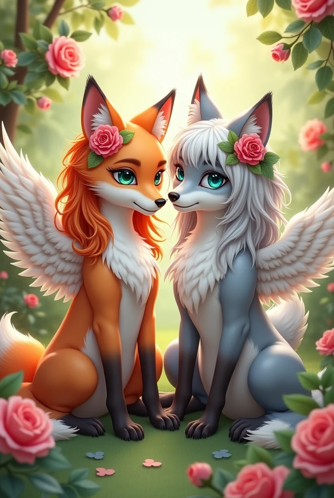 A fox-Demi who looks a little more human with orange hair, green eyes, white wings and a rose in his hair and a wolf-Demi who looks a little more human with gray-white hair, blue eyes, white wings and a rose in her hair and rose bushes in the background