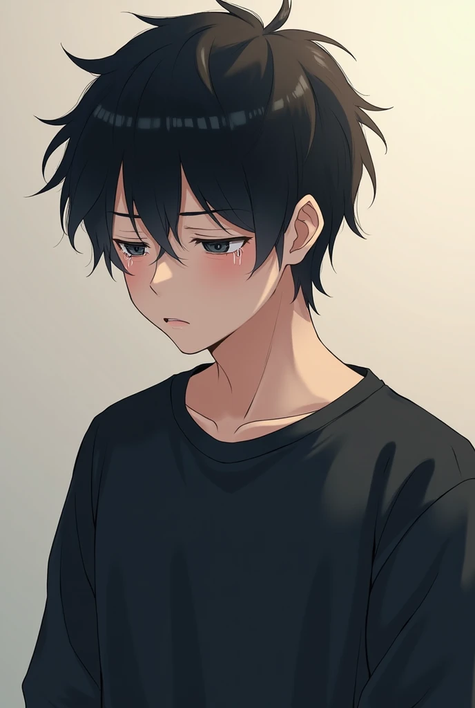 Cute anime cartoon male character with black hair, wearing a black sweatshirt, sad closed eyes, and a disappointed expression with tears.