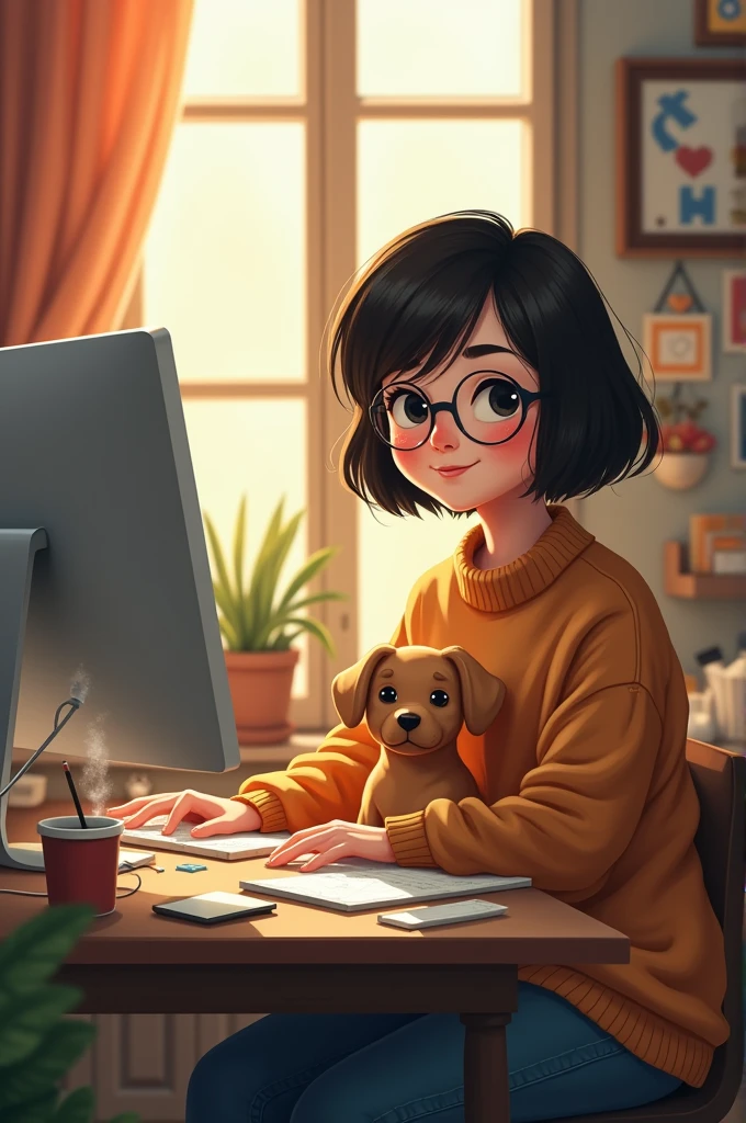 a girl, chubby, with short dark hair. with white skin and who wears glasses and works as a Graphic Designer and with his caramel dog 