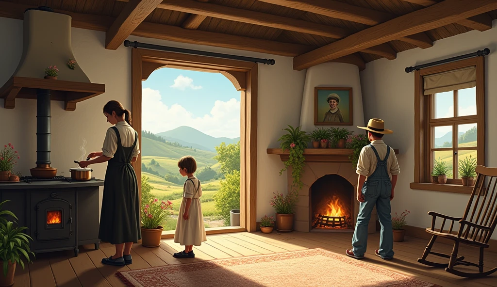A cozy village home scene with the mother cooking on a traditional stove and the father getting ready with farming tools