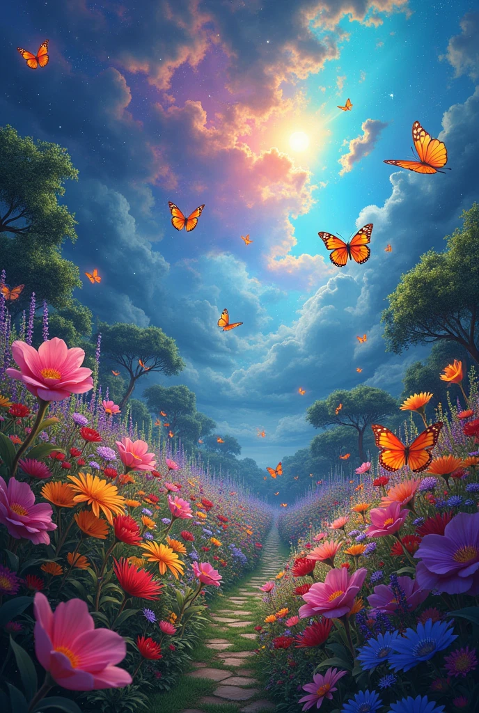 Colourful sky, colourful flower garden,colourful butterflies at night and day