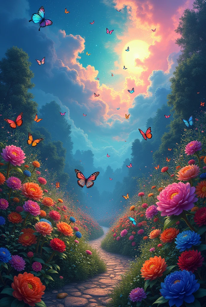 Colourful sky, colourful flower garden,colourful butterflies at night and day