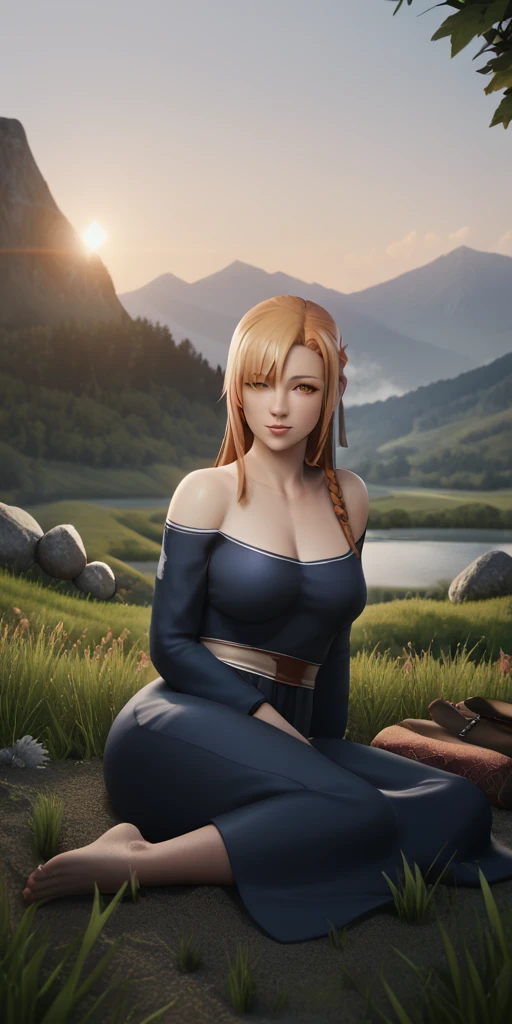 score_9, score_8_up, score_7_up, score_6_up, uncensored, Asuna Yuuki long hair, orange hair, fold hair, braid, orange eyes, breasts, epic art, fantasy, 1girl, grass, solo, barefoot, sitting, breasts, mountain, sunset, dress, bare_shoulders, outdoors, looking_at_viewer, off_shoulder, field, sky, lake, collarbone, mountainous_horizon, indian_style, twilight, tree, black_dress, large_breasts, scenery, medium_breasts, feet, off-shoulder_dress, (bokeh:1.3), rock,