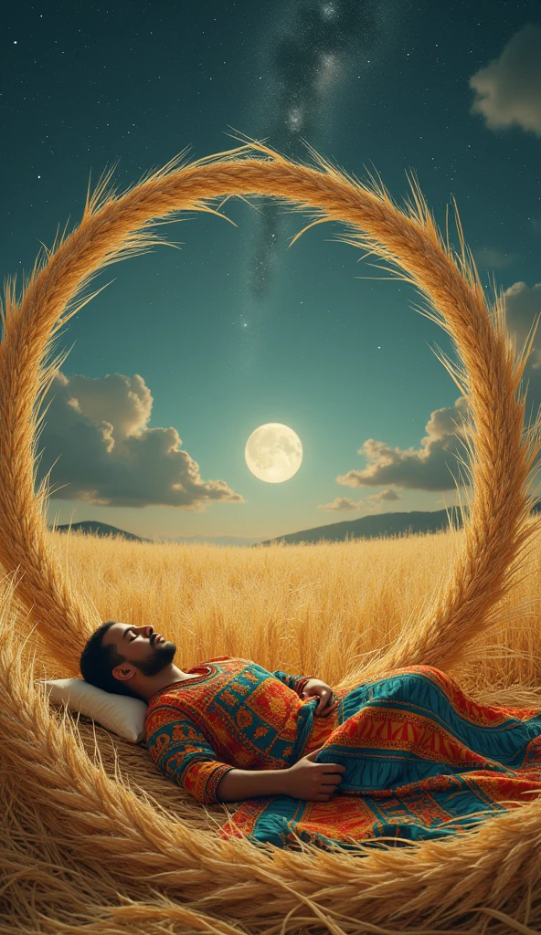 create an ultra-realistic image in 8k, "José is sleeping on a makeshift bed of wheat sheaves, wearing a colorful tunic. In a surreal setting, the wheat sheaves around him magically bend towards him, creating a protective circle form. in the sky, a set of stars aligns perfectly above it, as if pointing to his destiny. The image should evoke a sense of peace and divine destiny, with soft lights highlighting the main elements."