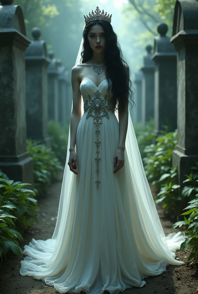 Imagine a pale-skinned vampire with black hair and dark eyes, wearing a white wedding dress accessorized with silver or black Victorian-style crucifixes, similar to the detailed veil of death, in a cemetery with many plants under excellent lighting.
