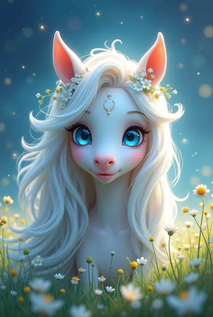 A pony boy with long white hair and blue eyes