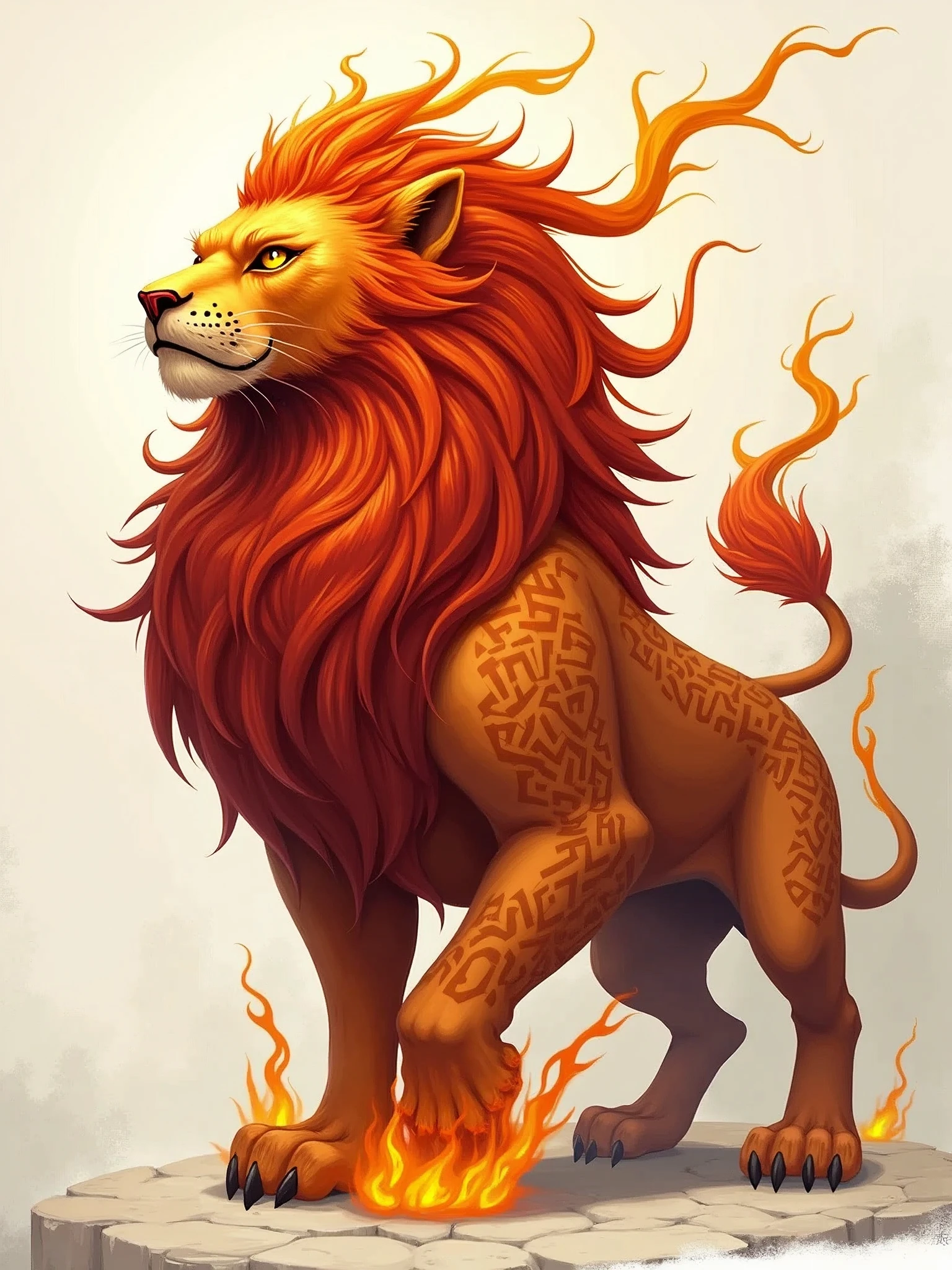 Digital illustration of a majestic, mythical creature resembling a lion with intricate, fiery details. The creature has a rich, reddish-orange fur with elaborate patterns that resemble flames, giving it a dynamic and powerful appearance. Its mane is voluminous and flowing, with strands that appear to be made of fire, adding to the sense of movement and energy. The creature's eyes are a piercing yellow, exuding a sense of wisdom and strength. The background is minimalistic, with a light gradient that emphasizes the vibrant colors and intricate details of the creature. The overall style is highly detailed and fantastical, with a focus on texture and color to create a sense of realism and otherworldliness.