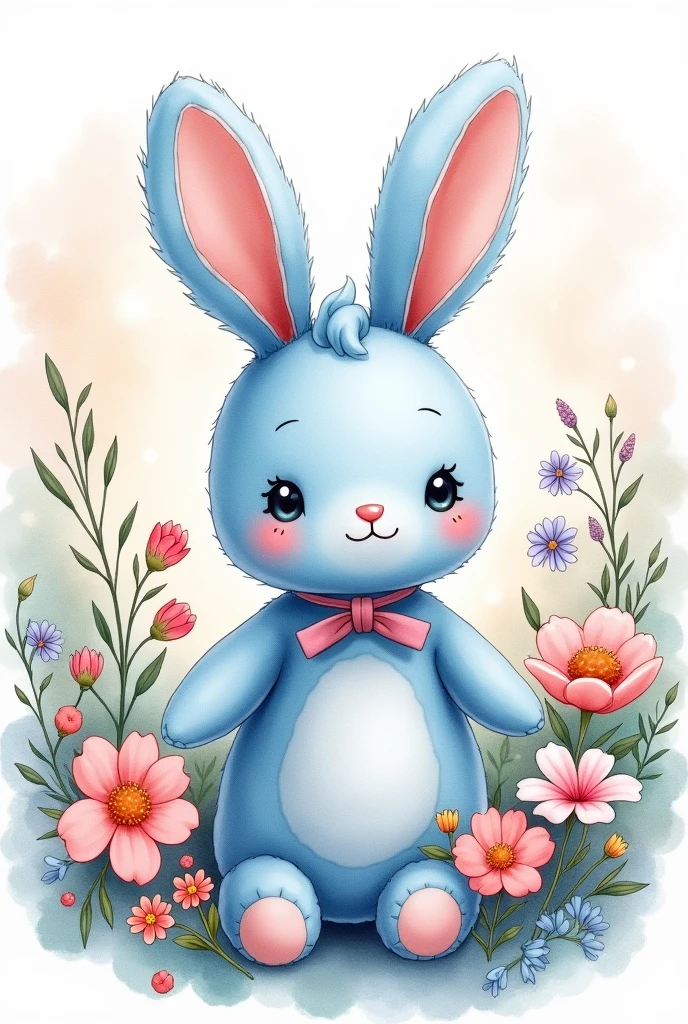 Generate a blue coloured bunny rattle amigurumi watercolor image surrounded by magical flowers with raffle on neck and pink small bow on the side of ear