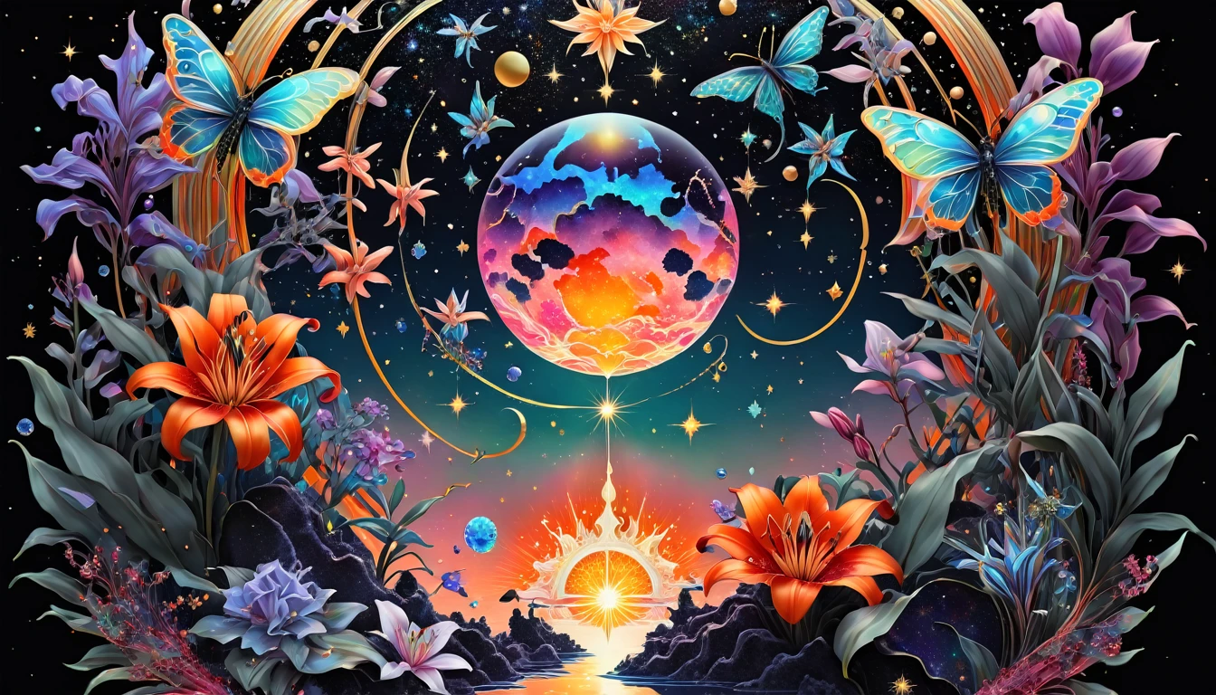 a deep black cosmic backdropStars Planets Suns and Moons Colorful Paint Splash Cute glitter vector graphic design featuring intricate and complex symbols with the ethereal beauty of a celestial palace known as the Galactic Citadel, bathed in brilliant light.The Neon Bioluminescent colors Cosmic Black, icy Red,14 kt solid Gold color. Create a fusion of These symbols,Fiery pink roses, bioluminescent neon blue, orange green lilies, fiery bioluminescent Red rubies, purple and white diamonds with lots of violet sapphires and emeralds butterflies and bees--ar 16:9 --style raw --stylize 400 *