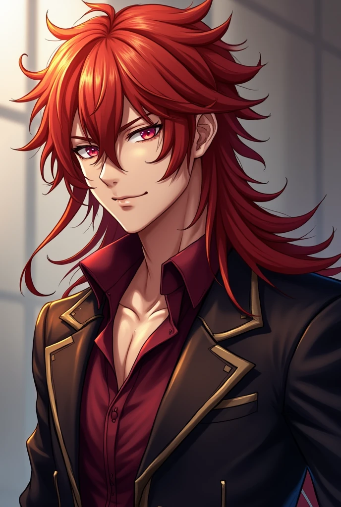 Anime character similar to Meliodas with almond-shaped eyes, full lips, a delicate nose, and well-defined muscles. Long, fiery red hair, a soft yet profound gaze with a hint of ironic humor. A confident posture, often seen in a leather jacket over a burgundy shirt.