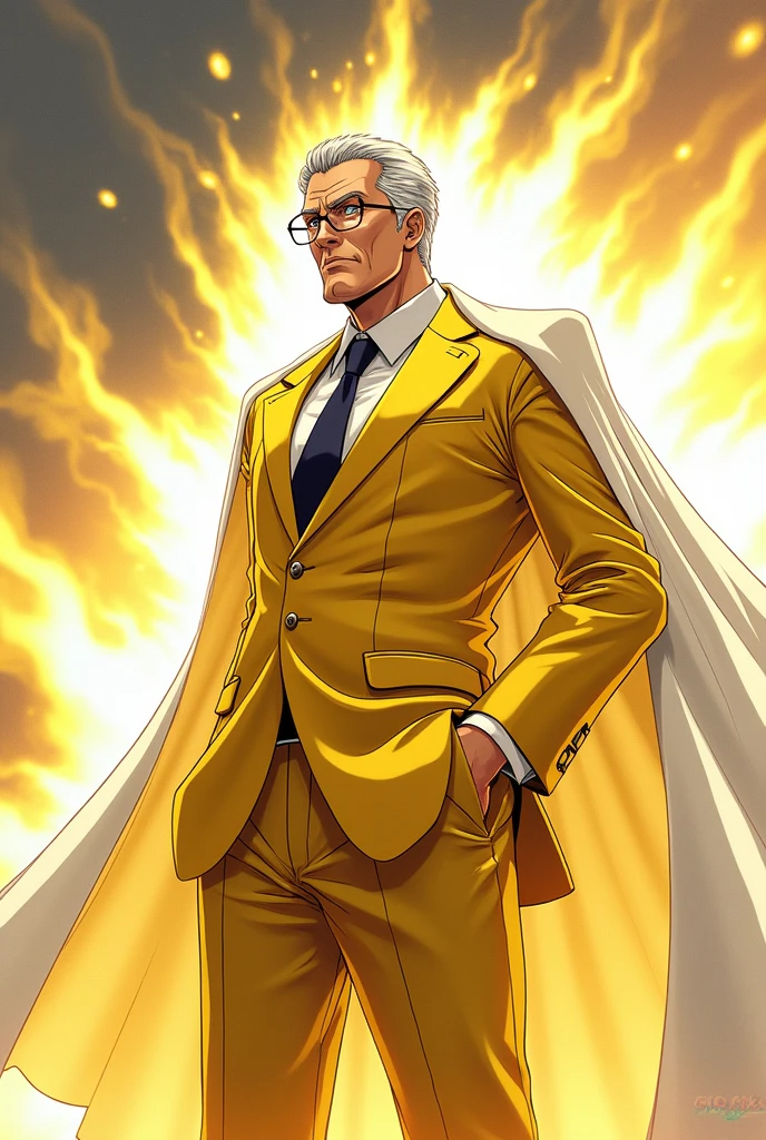 Admiral Kizaru from One Piece with a white cape in a fighting pose with blood in a yellow suit with lines on his suit and a tie with the character wearing glasses and short hair, that he has a very relaxed expression, that he is tall and skinny with his yellow light power, that is a 44-year-old person without gray hair and a few wrinkles