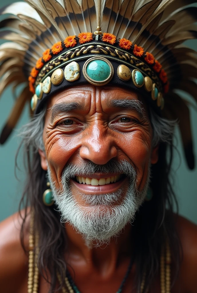 The face of an old man, 70 years old, a Brazilian Indian with a joyful expression. Wearing a large feather headdress with stones adorning the base on his forehead.
