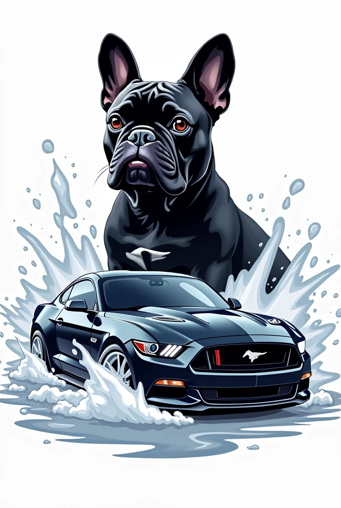Create a formal logo for a car wash that is eye-catching, using a car with foam and water and the main character being a black French bulldog sitting on the side of the car  