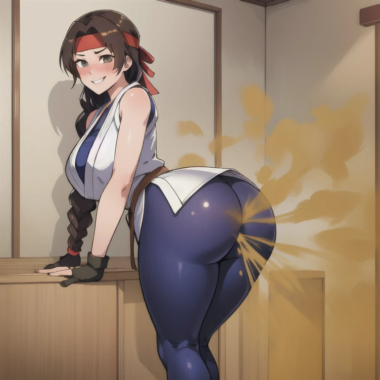 (masterpiece, best quality, high resolution, unity 8k wallpaper, extremely detailed CG:1), (illustration:1.0), 1girl,solo, yurims, headband, dougi, spandex, gloves, blush, bending over, farting, massive fart, Smiling, relieved face, alone at dojo