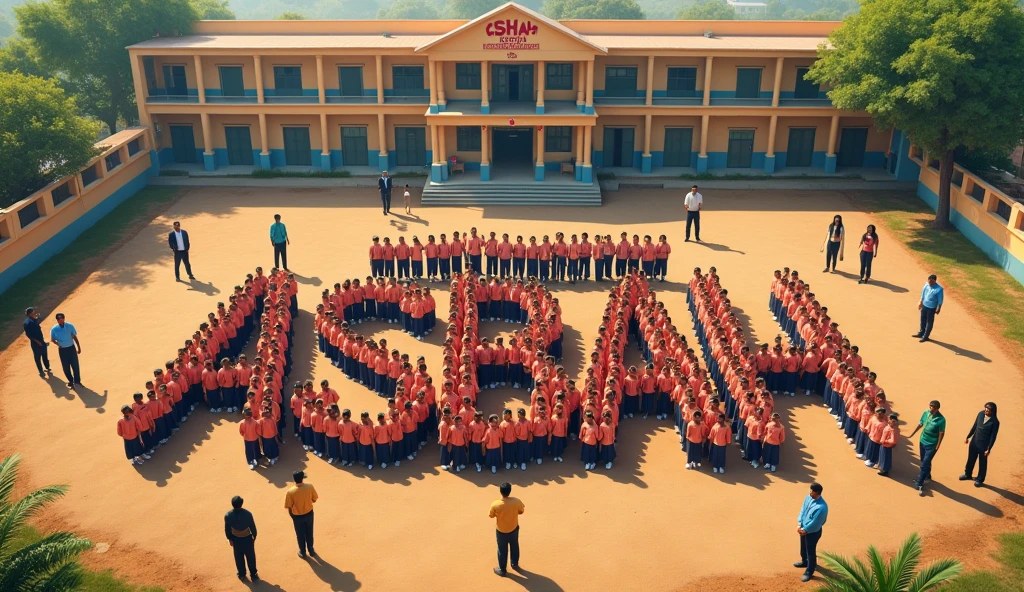 Create an originalistic aerial view rectangle landscape image of a school ground, ground is soily and have little bit grass where students are standing in an organized manner and facing to school building, forming the letters 'A S B A H' with their bodies. Few remaining students made border to letter 'A S B A H'. Students uniform colour orangish pink small box checker shirt and navy blue pant.

Headmaster sir holding rope of fag.
Teachers stand infront of the students and bottom of school building. 15 Male Teachers in right side uniform creamy yellow colour shirt and black pant. 20 Female teachers in left side in Muslim black nakab and creamy scarf. 

school have long length two floors with creamy yellow colour walls with blue colour bottoms. School have open terrace. School have boundary walls. School out side is farming land present. 

The scene should be set during a Indian national fastival Independence Day of india celebration. A tri colour Indian flag in a poll setted on the school building. 

The background should include a school building with a visible sign reading in red colour 'ASBAH ENGLISH SCHOOL,' a mini garden, and a large tree. The atmosphere should feel vibrant and festive, reflecting the spirit of the celebration."