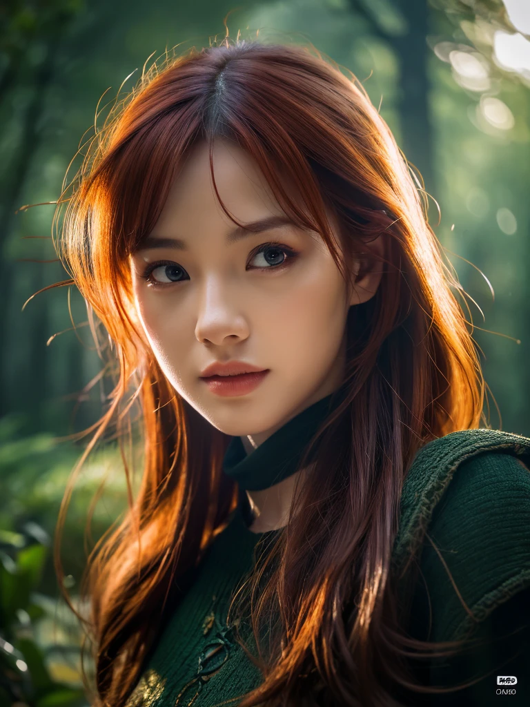 A beautiful redheaded asian girl with delicate facial features, in a dense forest with dark colors, wearing a beautiful elven dress, her hair disheveled by the wind blowing across her face, (best quality,4k,8k,highres,masterpiece:1.2),ultra-detailed,(realistic,photorealistic,photo-realistic:1.37),HDR,UHD,studio lighting,ultra-fine painting,sharp focus,physically-based rendering,extreme detail description,professional,vivid colors,bokeh,fantasy,portrait,dramatic lighting,cinematic