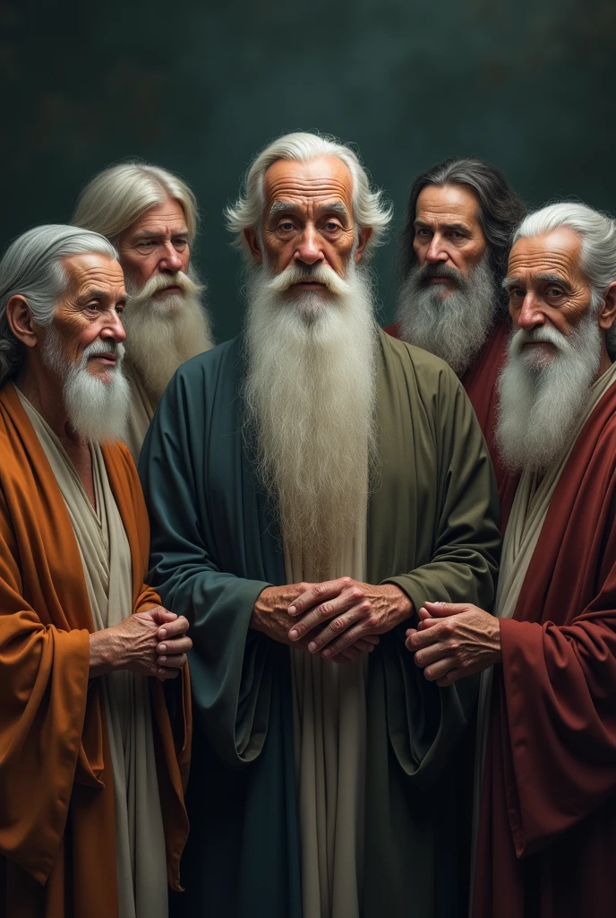 Seven wise elders, representing different ethnicities, are arranged in a harmonious semicircle. Three of these wise men are elderly women, while among men, one is black and the other is Asian. Their serene expressions reflect the cultural diversity and the profound wisdom acquired throughout their lives.. At the center, a man with a mysterious and charming appearance stands out, his long, well-groomed white beard and his face marked by wrinkles that tell stories of vast knowledge. Her clear eyes emanate an almost mystical serenity, as if they were hiding the secrets of the universe. All are dressed in simple robes, mas elegantes, that accentuate its aura of mystery and wisdom. The background is enigmatic, evoking an atmosphere of mystery and depth, suggesting a place where ancestral knowledge is carefully preserved and transmitted.

Remember that there should be seven characters

