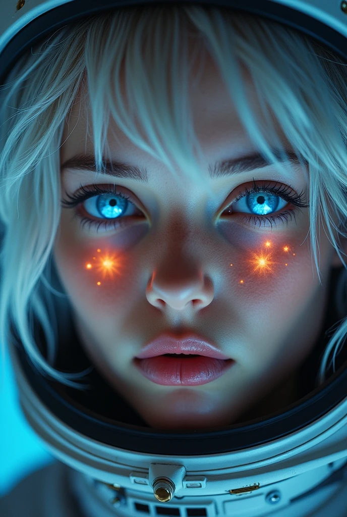 (Close-up of a better masterpiece:1.5)0.9], (Space and astronauts:1.2) (Messy silver hair:1.1) (Heterochromia xanthochromia and blue eyes:1.2) (Space Helmet:1.0) (Colored stars in the eyes:1.0) (A radiant glow:1.1) (thick lips:0.9)