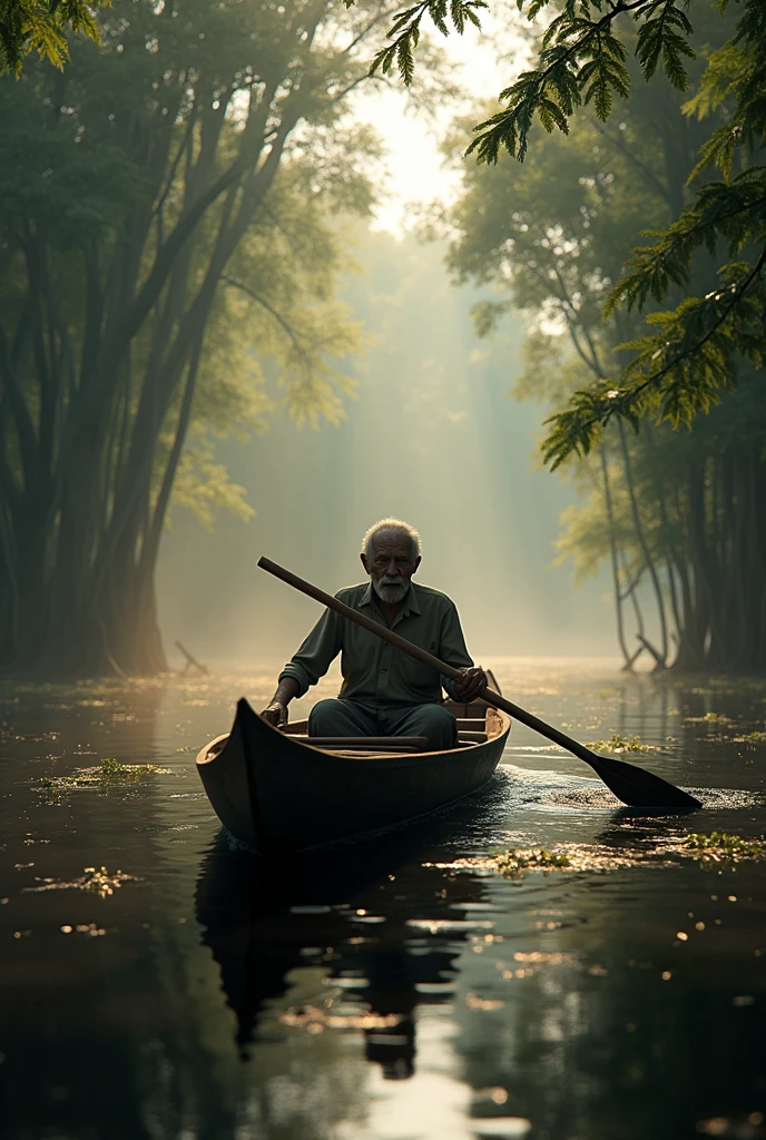 ( photo realism 1.2) photo realistic high detailed old Malay male at mangrove swamp paddling dugout canoe cinematic view dramatic view morning mode fogs effect  pandanus tree sunlight effect  view of TASIK Bera black water lepironia articulate pandanus helicopus perahu jalur