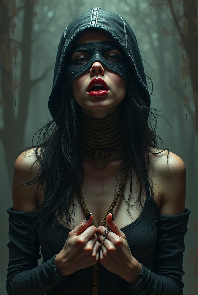 a drawing of a woman with a balaclava covering her eyes, and a tie around her neck, trending on deviantart, given, with her mouth open with her tongue pierced, alternative album cover, dark metal art only, deadly fists, dark illustration , strangled with rope, dark surreal art, silent, anatomically correct, super detail, high details, highres, 4K